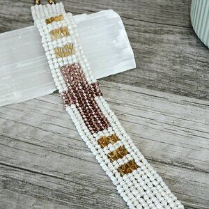 Beaded Herringbone Cross Rose Quartz Gemstone Bracelet 8